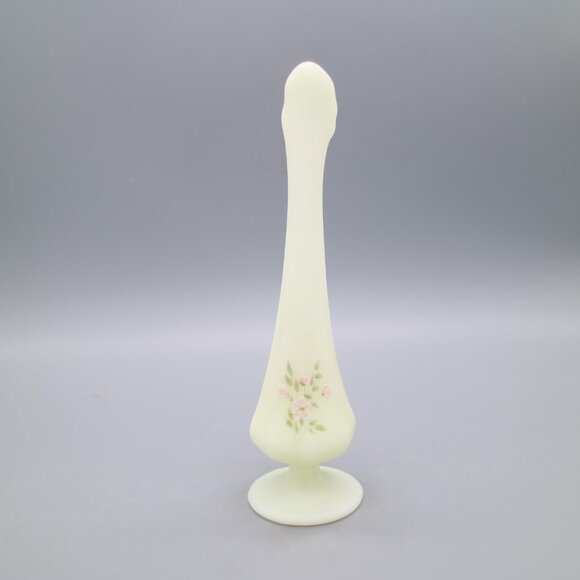 Fenton Yellow Satin Custard Glass Hand Painted Swung Vase Pink Blossoms Signed - Picture 6 of 10